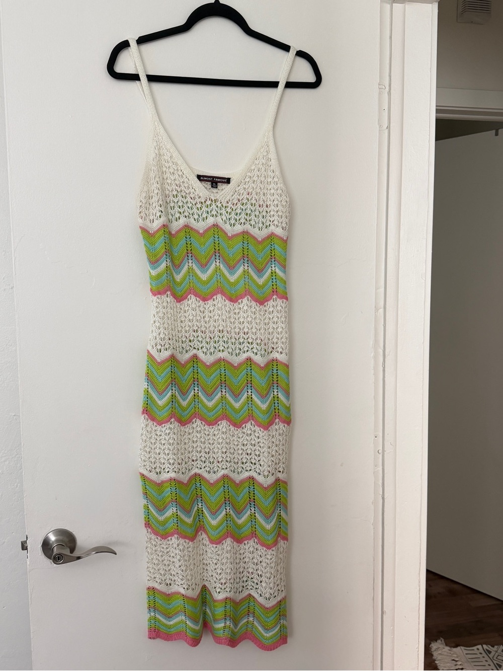 Almost Famous White Crochet Maxi Dress with Pastel Chevron